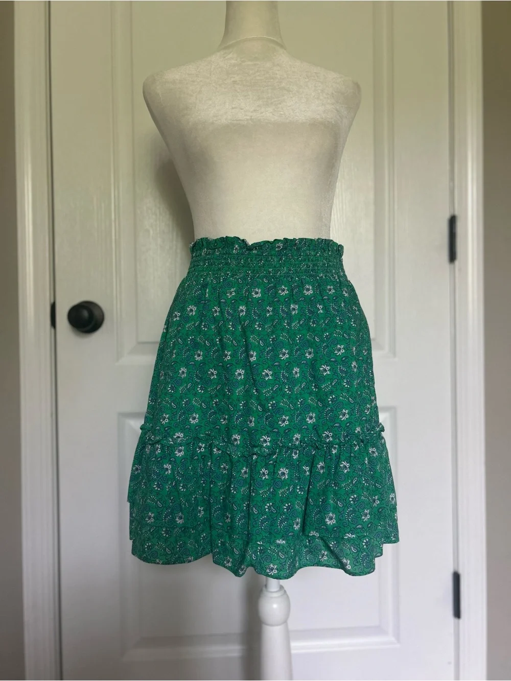 J. Crew Green Floral Tiered Smocked Waist Ruffled Hem Elastic Waist Skirt